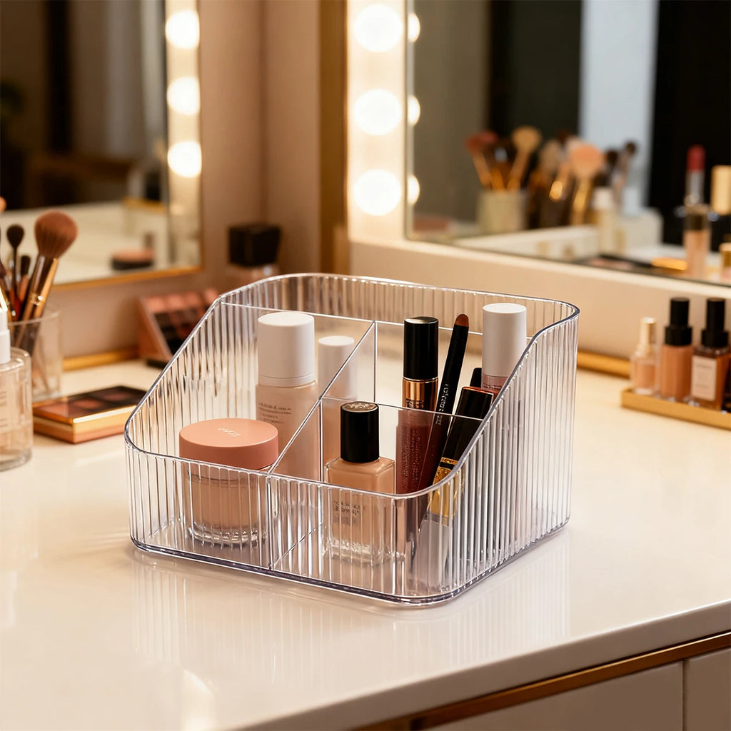 1pc Vertical Pattern 4-Grid Transparent Acrylic Cosmetics Storage Box Suitable for Bathroom Accessories andOffice Desk Organizer Oasis Select