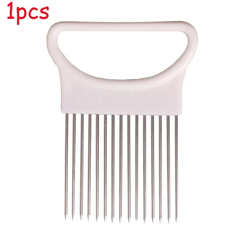 Stainless Steel Onion Holder Slicer Needle Fork Vegetable Fruit Slicer Tomato Cutting Holder Kitchen Tools Accessories Oasis Select white-1pcs