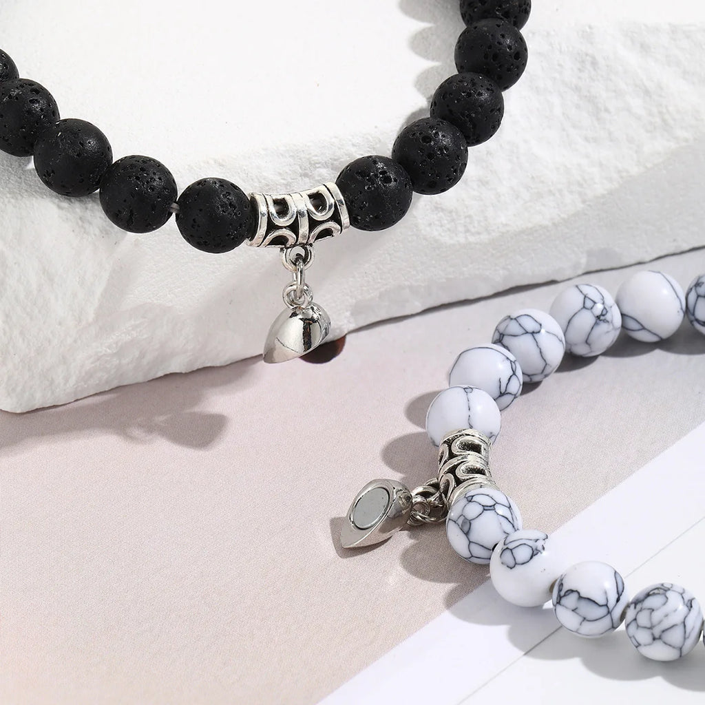 Natural Stone Bead Couple Bracelets Set – Heart Magnet, 2 Pcs