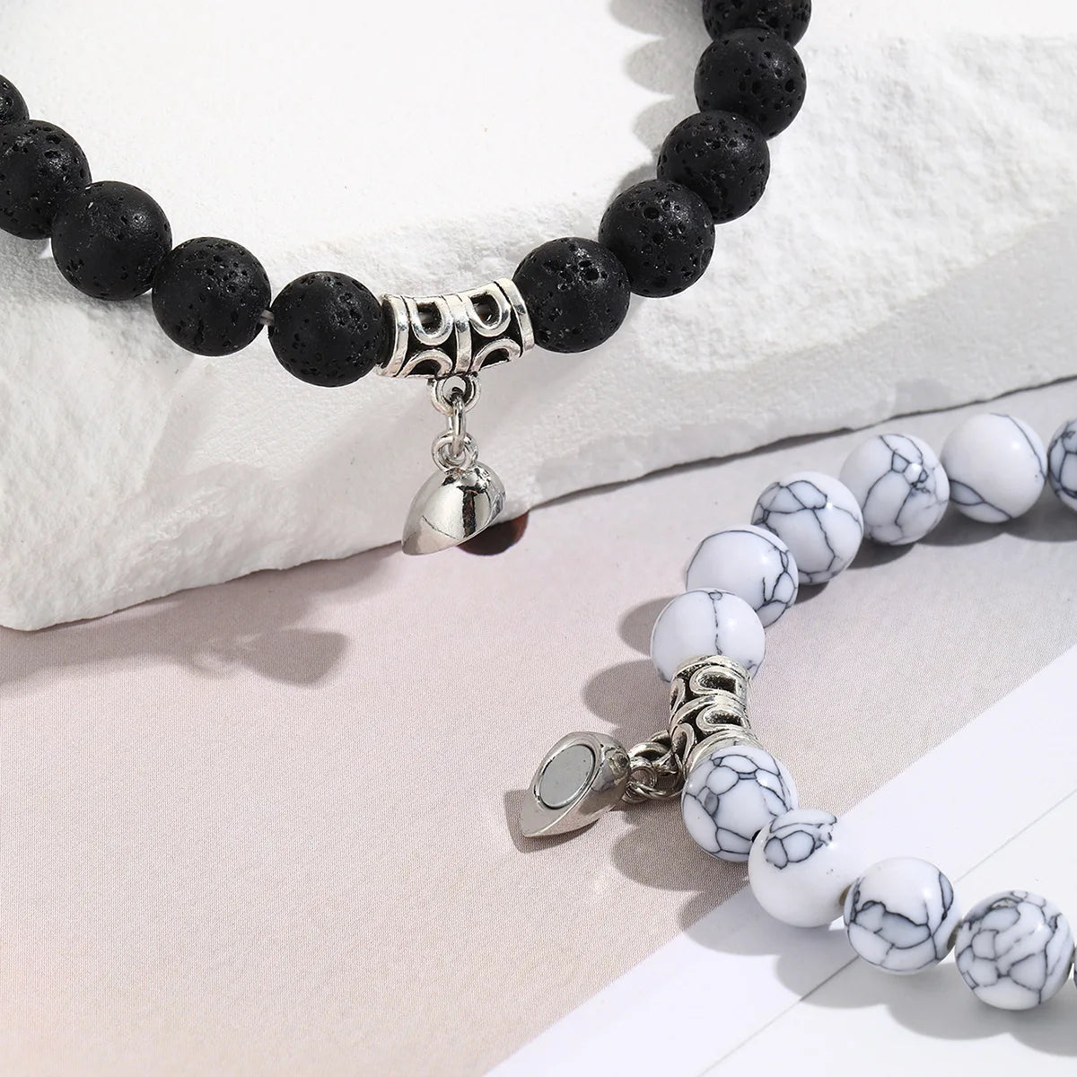 Natural Stone Bead Couple Bracelets Set – Heart Magnet, 2 Pcs
