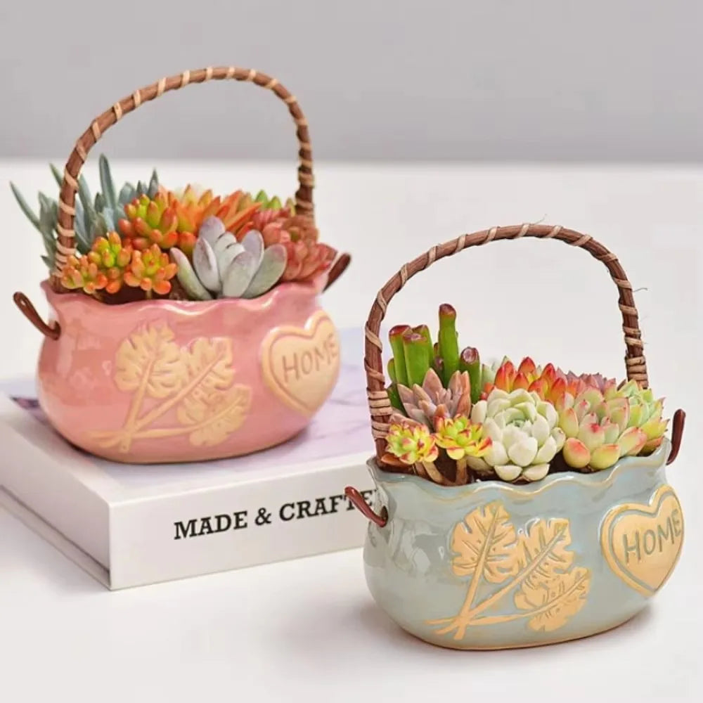 Corrosion-resistant Ceramic Succulent Planter Decorative Breathable Creative Flower Pot With Handle Nordic Flowerpot Ornament Oasis Select