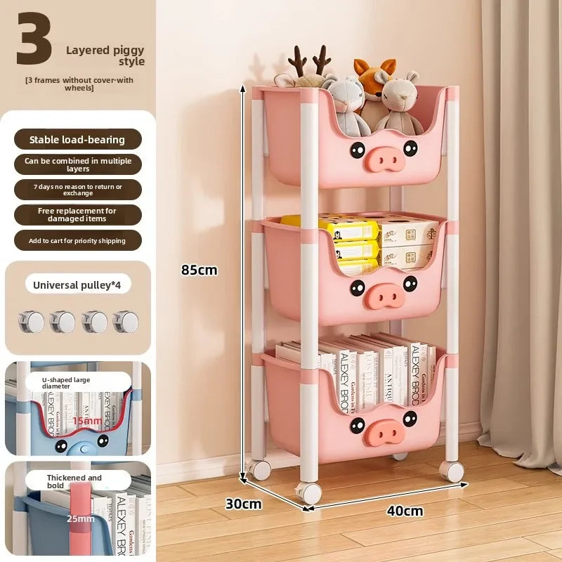 Multi-functional Children's bookshelf storage rack Living room floor-to-ceiling multi-layer snack rack trolley Oasis Select Pink Pig 3