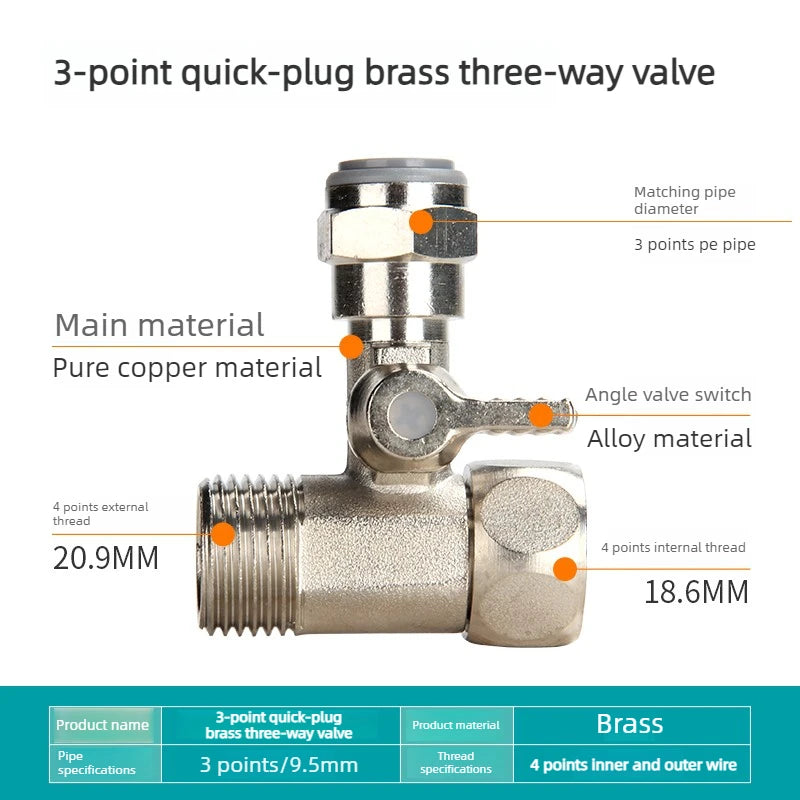 Water Purifier Adapter Faucet Ball Valve 2/3 PE Pipe Brass Alloy Plastic Tee Connector Hardware Accessories Oasis Select copper plating3point