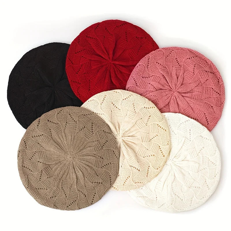Women's Plain Color Knit Beret Hat Spring Casual Thin Acrylic Berets for Women Ladies French Artist Beanie Beret Hats Oasis Select