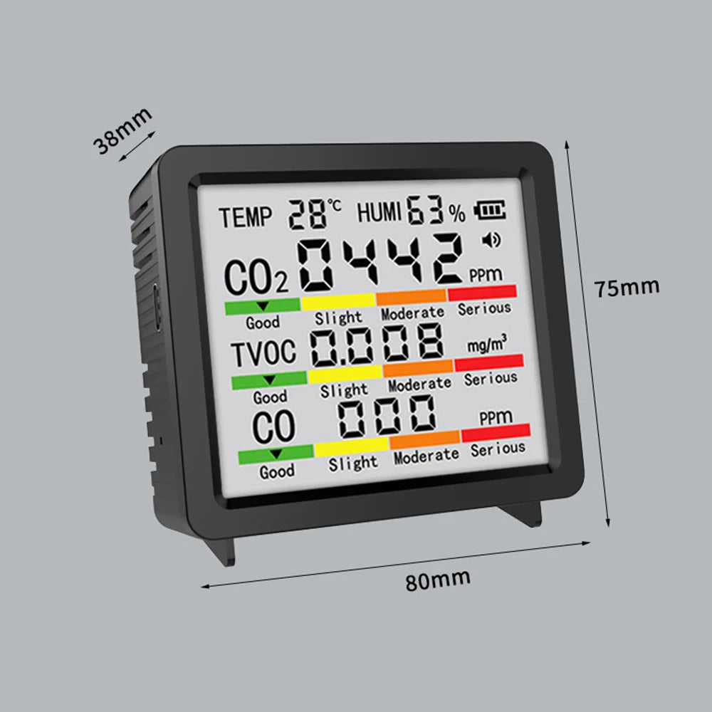 5-in-1 LCD Screen Air Quality Detector Temperature Humidity Meter CO2 Tester HCHO TVOC Carbon Dioxide Monitor Type C Interface Oasis Select Black