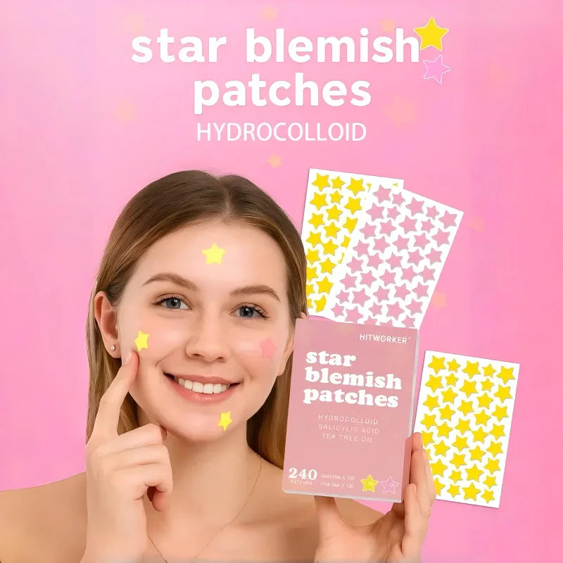 240 star shaped facial stickers, hydrogel acne stickers, suitable for all skin types, pink and yellow star shaped design Oasis Select