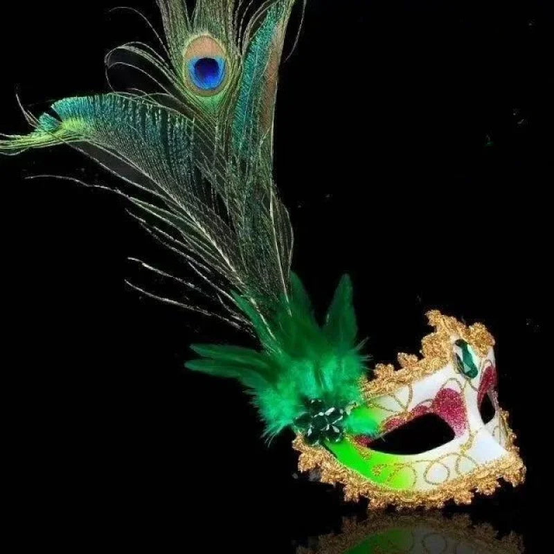 Masquerade Mask Women Peacock Feather Mask Mardi Gras Mask Fashion Blue Green Metal Shiny Rhinestone Halloween Party Oasis Select Green