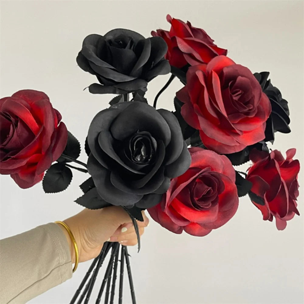Halloween Black Artificial Rose Flowers Dark Horror Gothic Black Simulated Flower Bouquet for Home Wedding Party Halloween Decor Oasis Select
