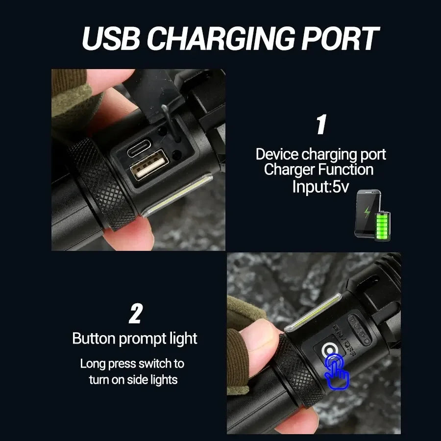 Super Bright XHP70 Powerful Led Flashlight Power Bank Torch Light USB Rechargeable Camping Tactical Flashlight with COB Lamp Oasis Select