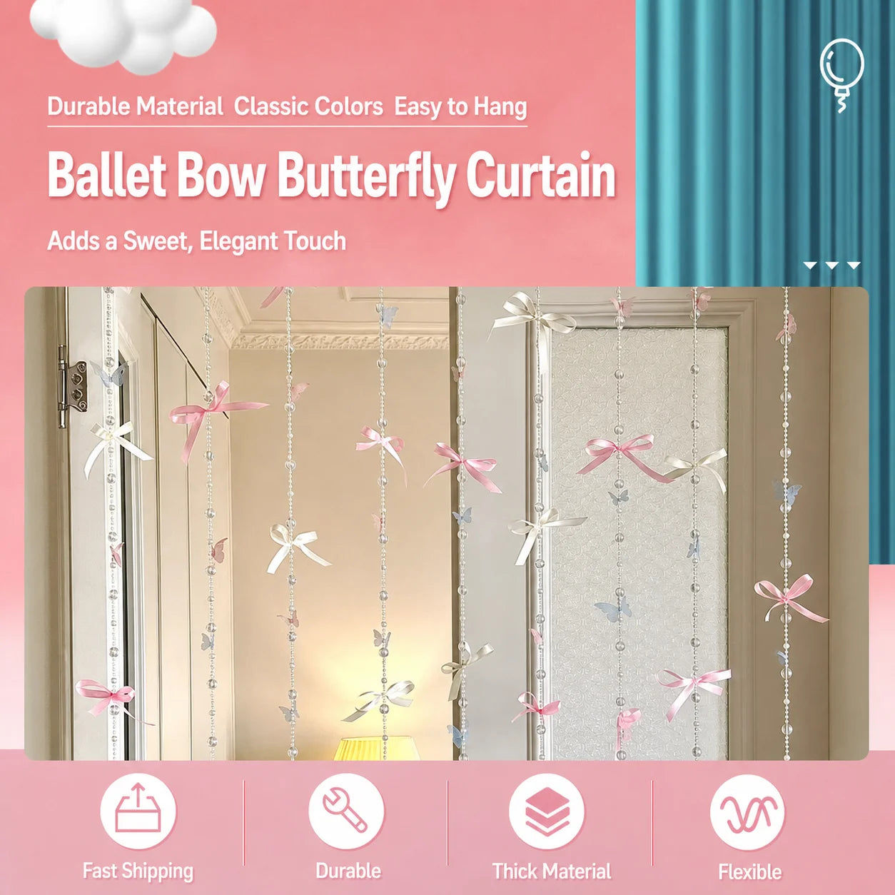 Dreamy Hanging Curtain Sweet Ballet Bow Curtain Bow Acrylic Curtain Elegant For Bedroom Doorway Store Window Decoration Entryway Oasis Select