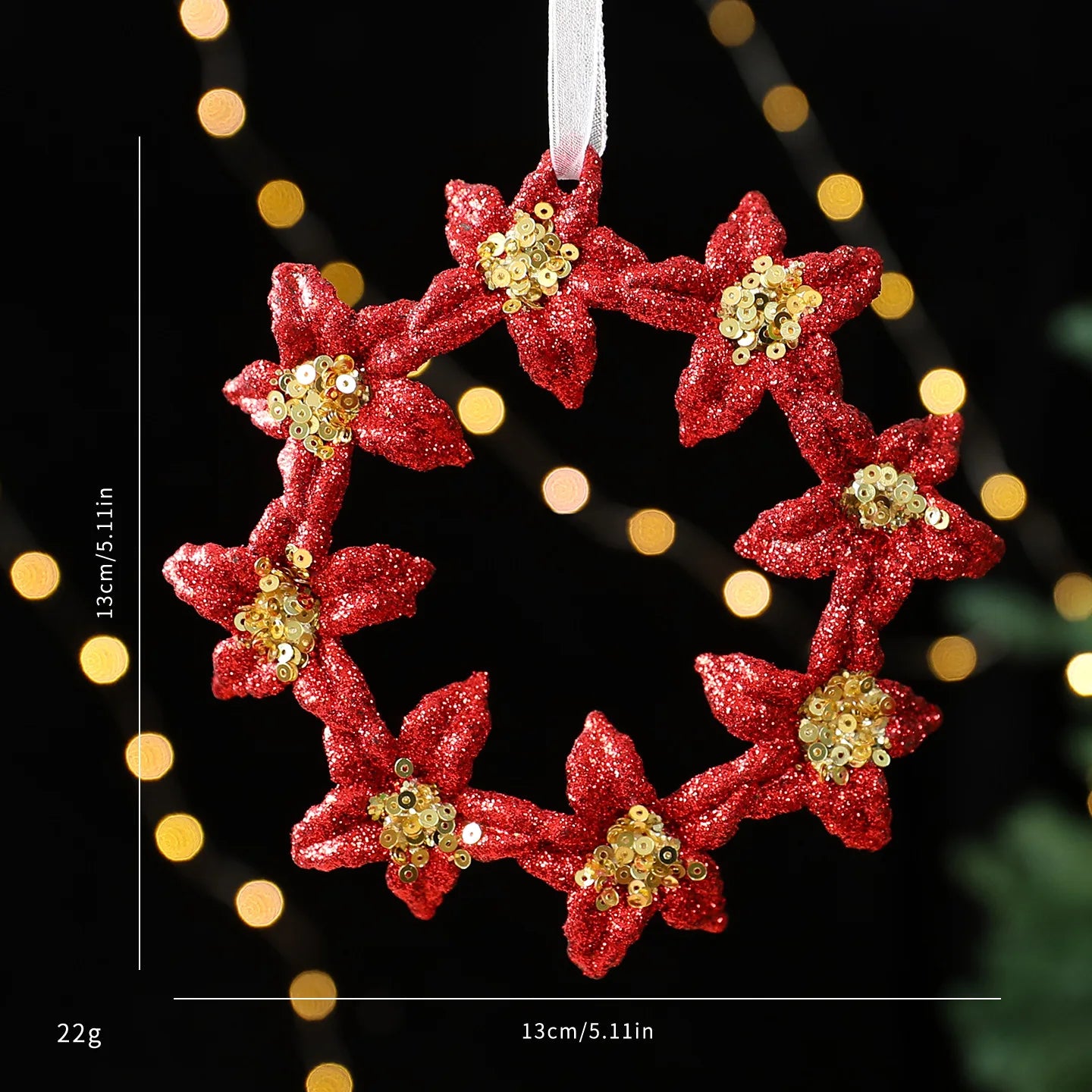 Red Glitter Christmas Tree Pendant – Gold Sequins & Snowflake