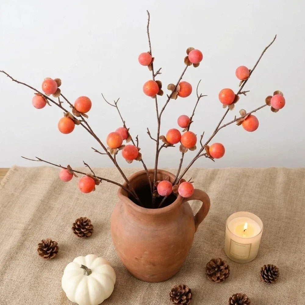 8 Heads Artificial Persimmon Branch Handmade Realistic Simulation Persimmon Fruit Elegant Foam Fake Plants Wedding Decor Oasis Select