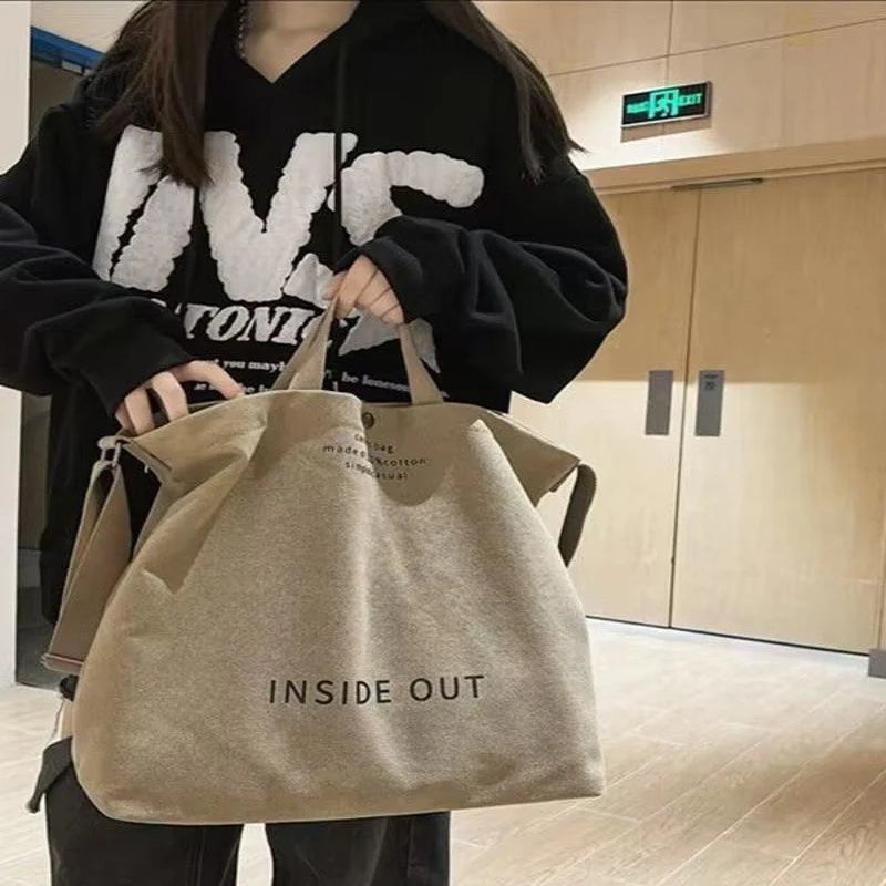 1Pcs Beige Canvas Tote Bag Adjustable Strap Large Capacity Shoulder Bag For School Commute Shopping Travel Oasis Select