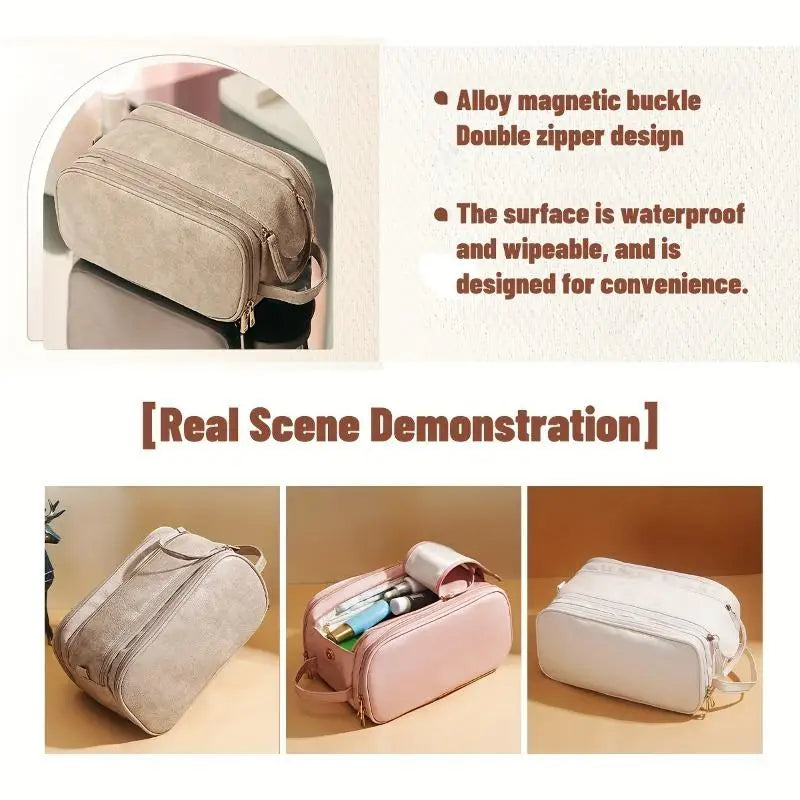 Leather Large Capacity Travel Cosmetic Bag Portable Women Makeup Case Waterproof Multifunctional Toiletry Organizer Storage Bag Oasis Select