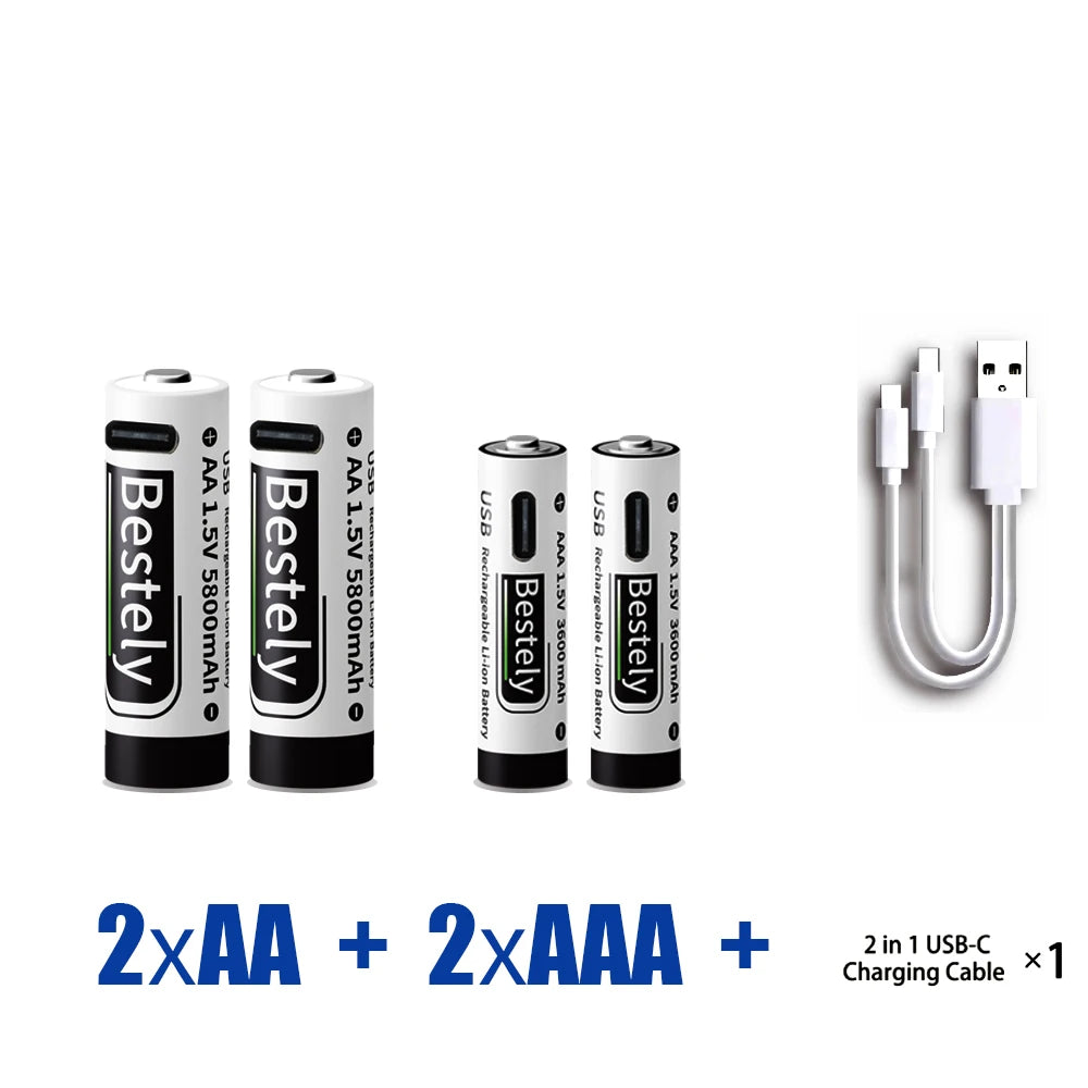 AA+AAA Rechargeable Batteries 1.5V Li-ion Battery Long-Lasting High Capacity Lithium, 2000 Cycle with Free USB-C Cables Oasis Select 2AA 2AAA
