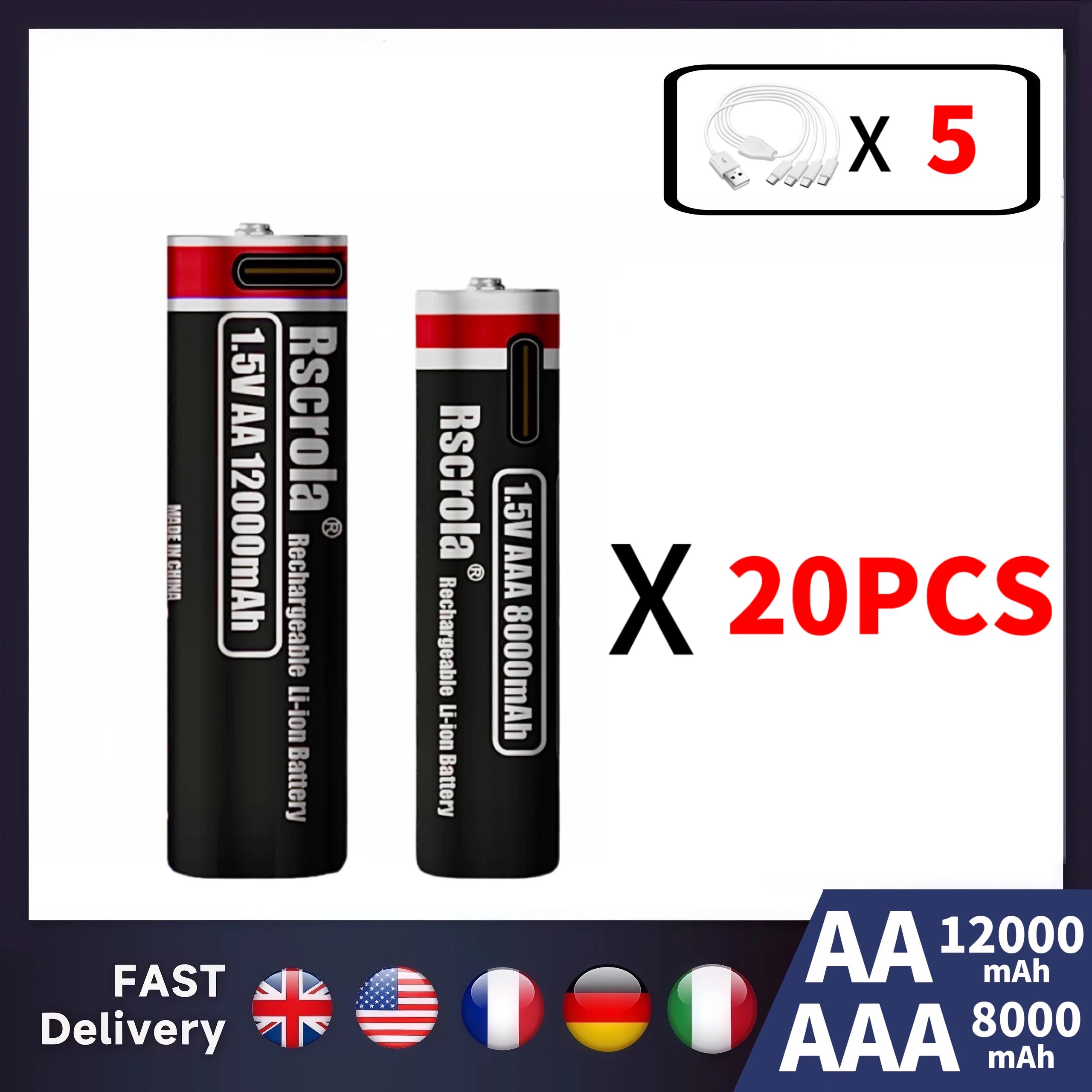 New 1.5V Li-ion AA12000mAh&AAA 8000mAh Rechargeable Batteries USB Lithium-ion Suitable for mouse, flashlight, keyboard monitorin Oasis Select 20AA-20AAA 1.5V