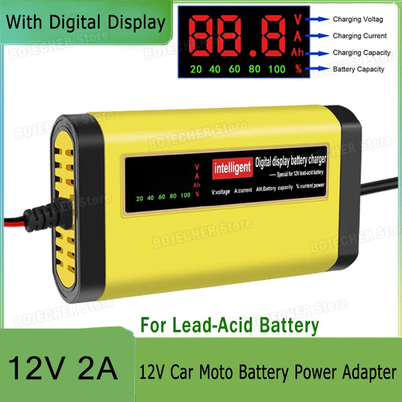 12V 2A Pulse Repair Intelligent Charger With Power Display 12V Car Moto Truck Battery Power Adapters For Lead Acid Battery EU US Oasis Select