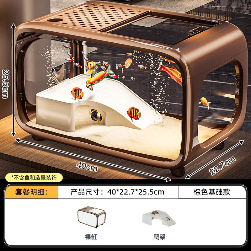 2025 New Household Living Room Fish Tank Ecological Landscape Desktop Small Turtle Tank Plastic Fish Tank Oasis Select brown 1