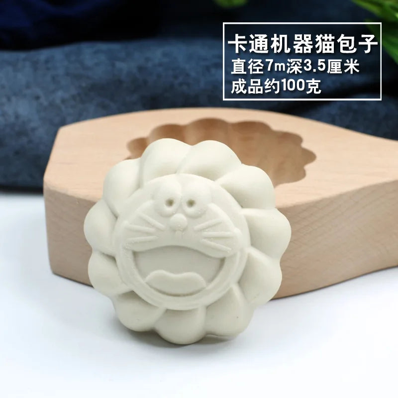 Kitchen Handmade Noodle Steamed Buns Pattern Steamed Bread Mold Baking Wooden Pasta Large, Medium and Small Cage Printing Tool Oasis Select robot cat