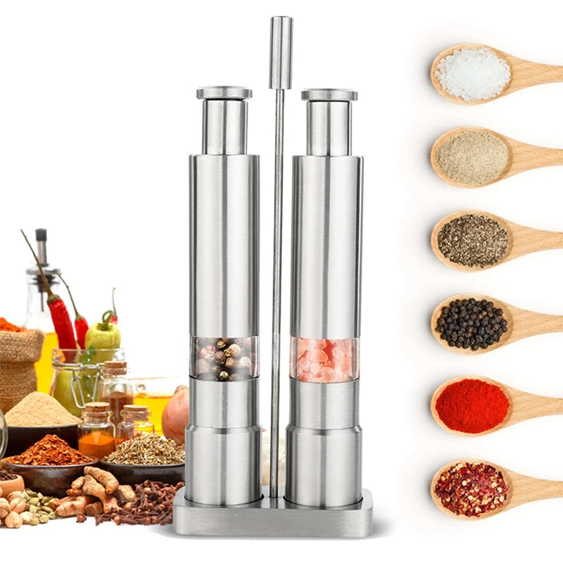 LIKE WISH Manual Salt And Pepper Grinder Set Thumb Push Pepper Mill Stainless Steel Spice Sauce Grinders With Metal Holder Oasis Select