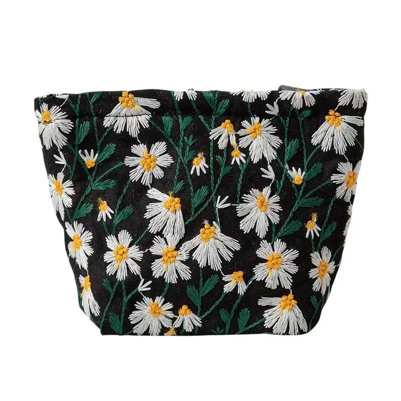 Floral Embroidery Women Cosmetic Bag Canvas Zipper Make Up Bag Travel Washing Makeup Organizer Sanitary Napkin Pouch Storage Oasis Select