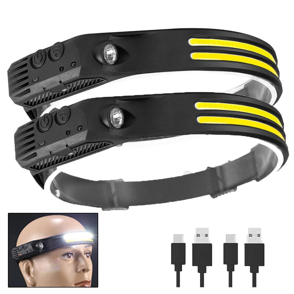 High Power COB LED Sensor Headlamp USB Rechargeable with Built-in Battery Waterproof Head Light Outdoor Camping Head Lantern Oasis Select 2PCS
