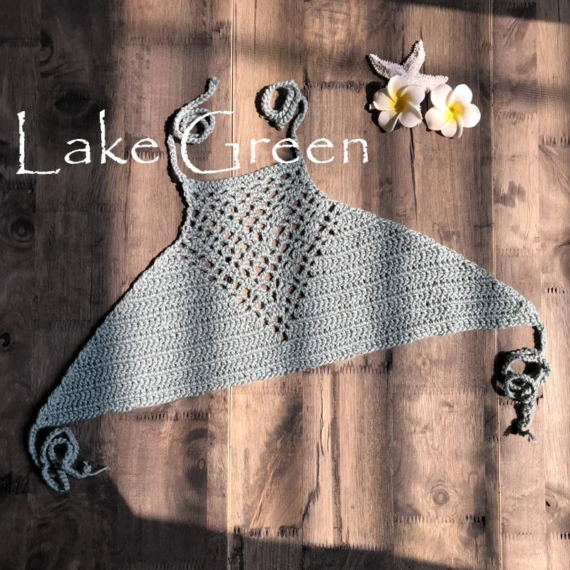 Hand Crochet Bikini Womens Sexy Beach Handmade Crochet Wrap Neck Bikini Bra Swimwear Swimwear Beachwear Womens Tops Oasis Select Lake One Size