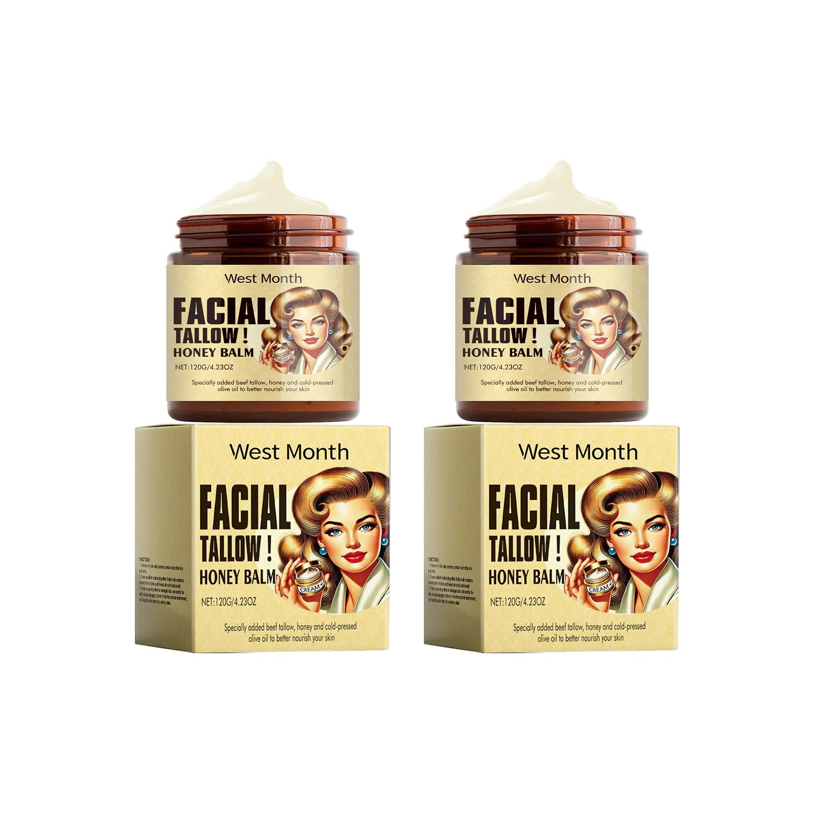Beef Tallow Face Cream Lasting Moisturizing Soothing Repair Damaged Skin Increase Facial Elasticity Nourishing Smooth Skin Care Oasis Select 2 X 120g boxed