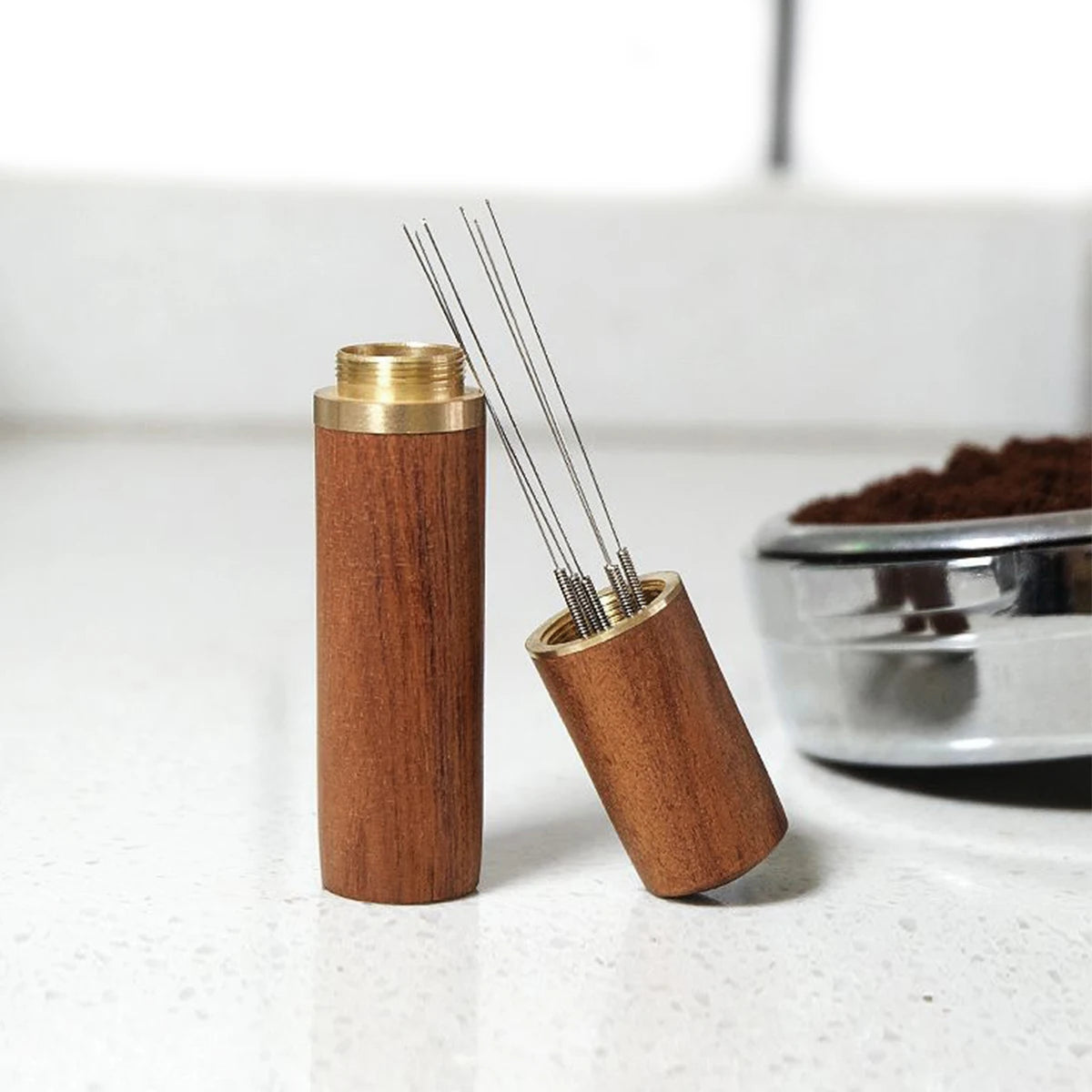 6-Needle Espresso Distribution Tool – Coffee powder distributor, 0.4mm Pins to Break Up Clumps & Prevent Channeling, Wood Handle Oasis Select LightBrown