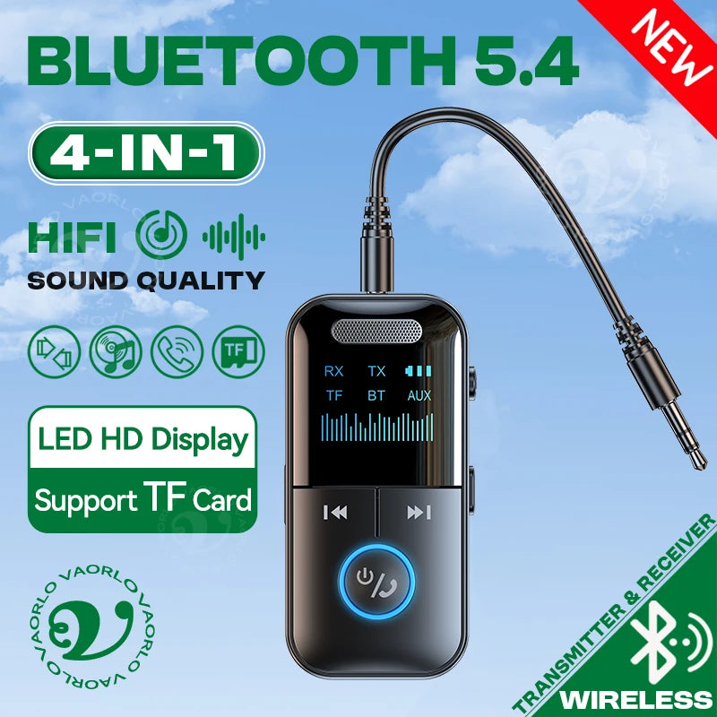 4 in 1 Bluetooth 5.4 Audio Receiver Transmitter 3.5MM AUX TF Card Stereo Music LED Display Wireless Adapter With Mic For Car TV Oasis Select
