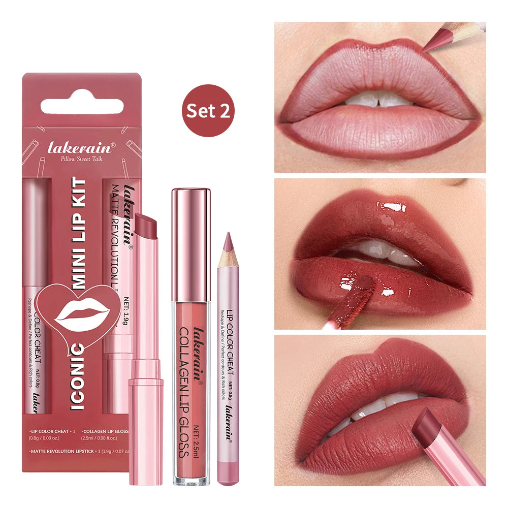 Lipliner&Lipstick Lip Gloss Set 3pcs/set Waterproof Long Lasting Lip Makeup Matte Travel Mini Set Women's Makeup Cosmetics Oasis Select