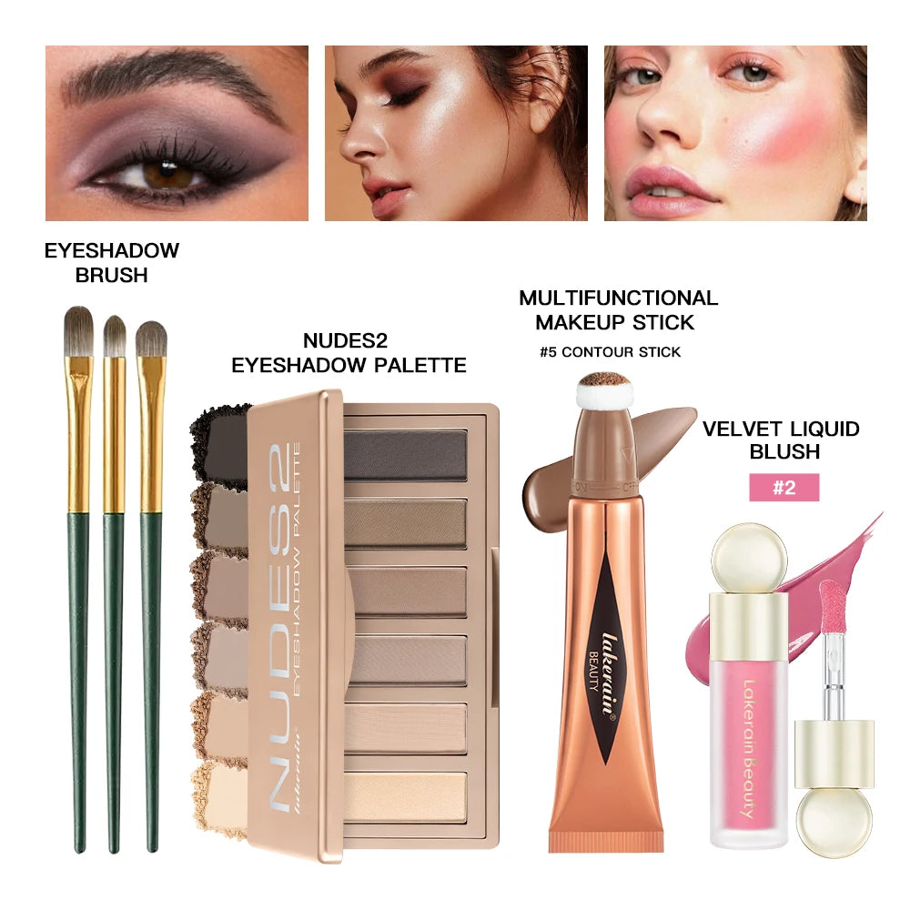 6pcs Face Makeup Set With Liquid Blush Highlight Contour Stick And Eyeshadow Palette Long Lasting Pigment Women Beauty Cosmetics Oasis Select SET 4
