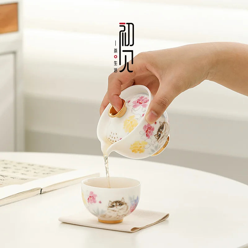 Hand Drawn Cat Quick Cup One Person Tea Set Portable Travel Tea Set Outdoor Tea Making Storage Bag Oasis Select