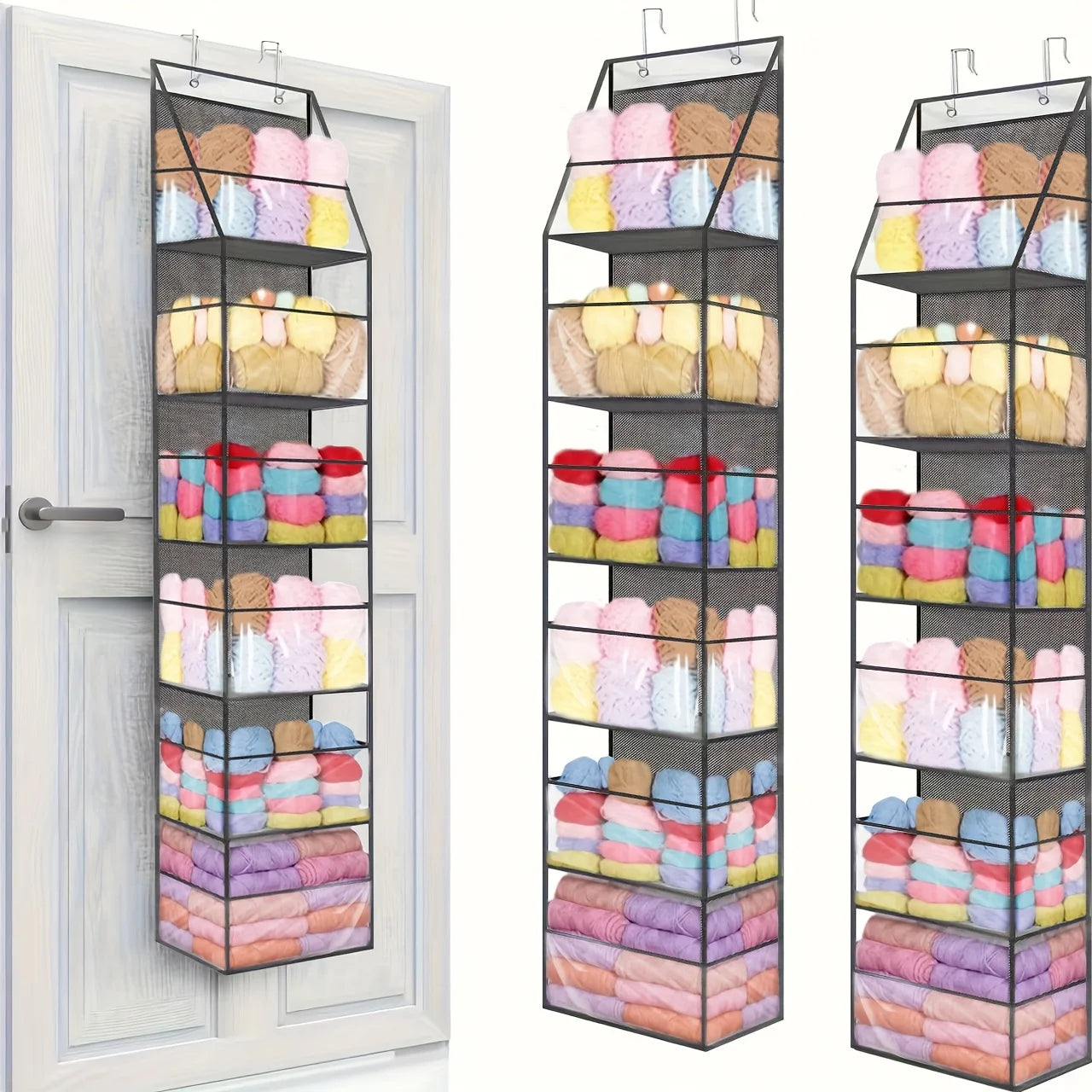 A Door-Mounted Yarn Storage Organizer Designed for Knitting And Crochet, Featuring 6 Transparent Plastic Bags And 2 Large Hooks Oasis Select
