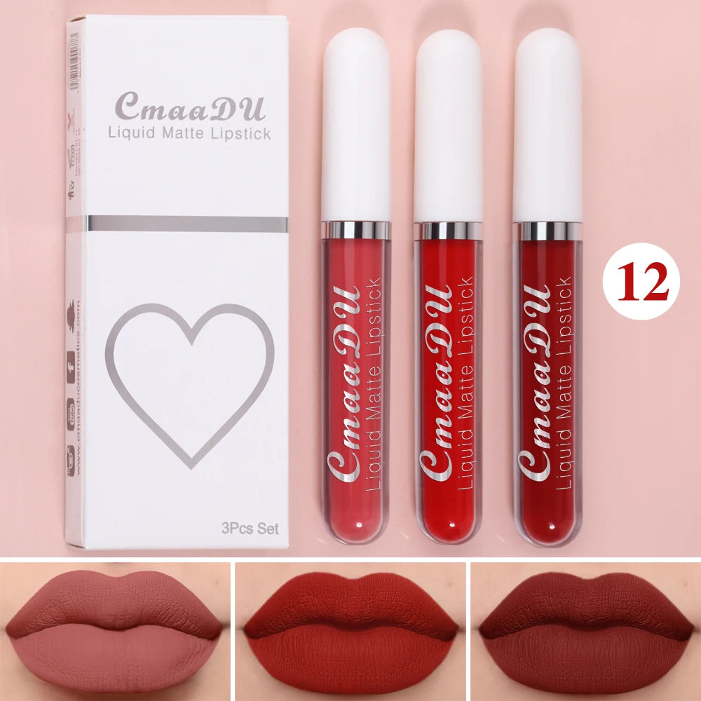 3 Pcs Matte Lipstick Lip Gloss Sets Long-Lasting Non-Fading Waterproof Non-stick Cup Exquisite Gift Everyday Holiday Universal Oasis Select 12