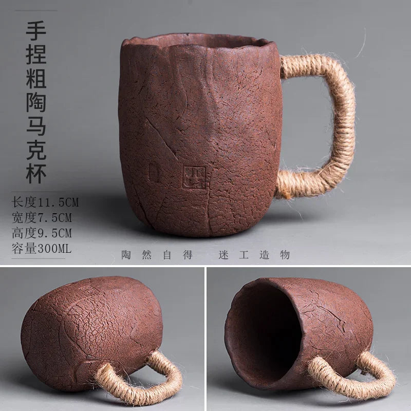 Handmade thick ceramic mug with lid spoon creative tie rope ceramic large capacity Japanese coffee cup cups Oasis Select 1 301-400ml