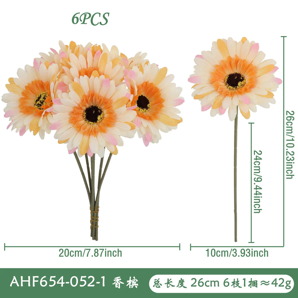 6Pcs Artificial Silk Gerbera Flowers Wedding Bouquet Home Table Hotel Pastoral Decor Floral Arrangement Ornament Oasis Select H