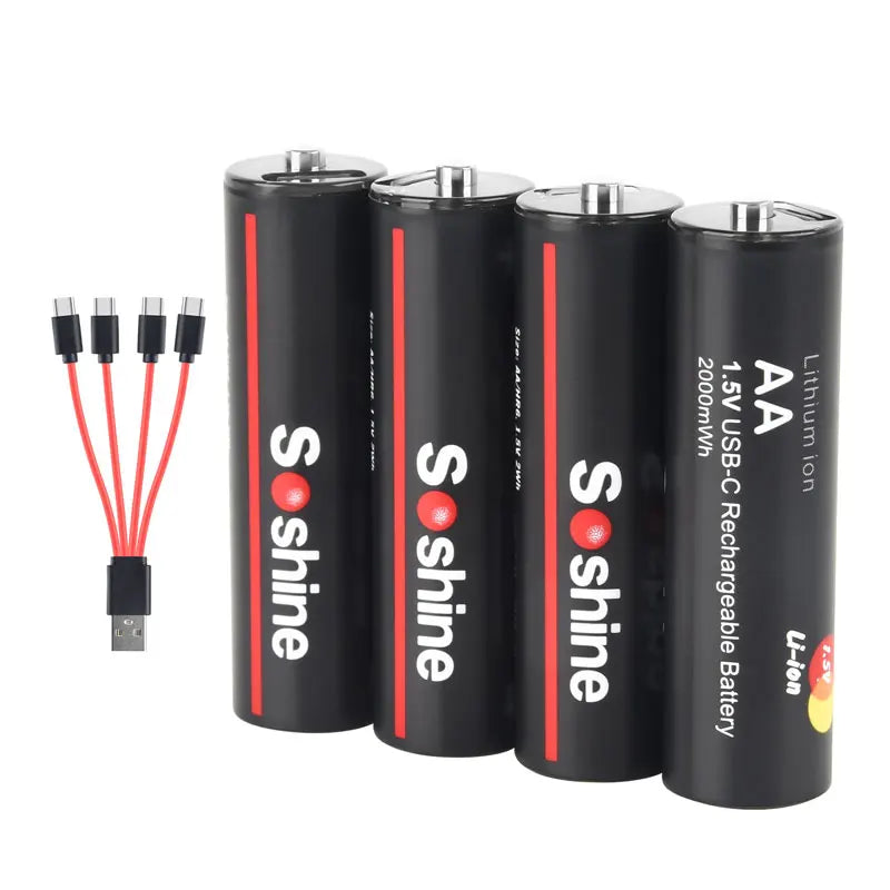 Soshine Original Li-ion AA Rechargeable Batteries USB Lithium battery 2000mWh 1.5V AA Rechargeable Batteries with Charging cable Oasis Select 4pcs AA 1.5V 2000