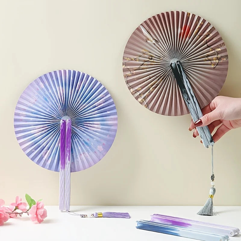 Folding Long-Handle Paper Hand Fan with Tassels, Compact Women's Pocket Fan with Magnetic Closure, Easy to Store and Carry Oasis Select