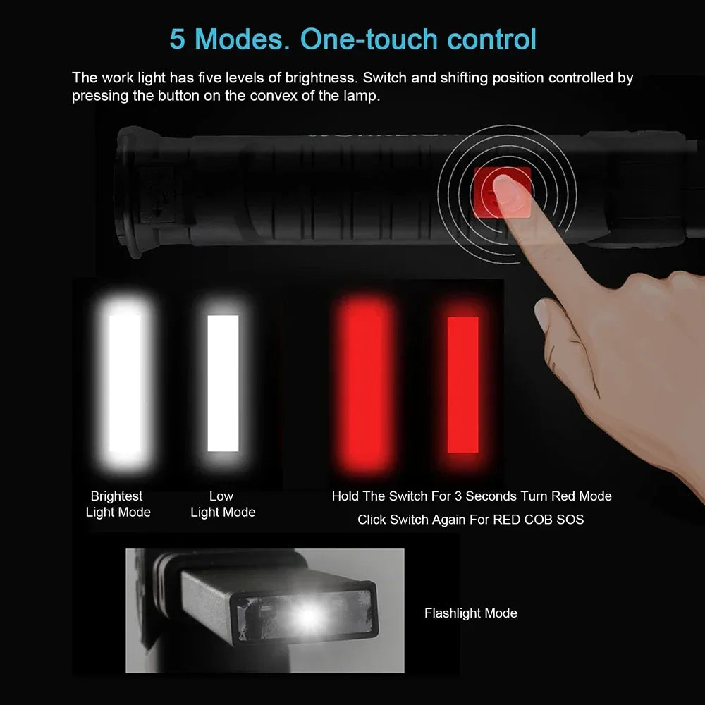 Rechargeable Camping LED Flashlight Work Light with Magnet and Hook IP64 Waterproof 5 Lighting Modes Suitable for Night Work Oasis Select