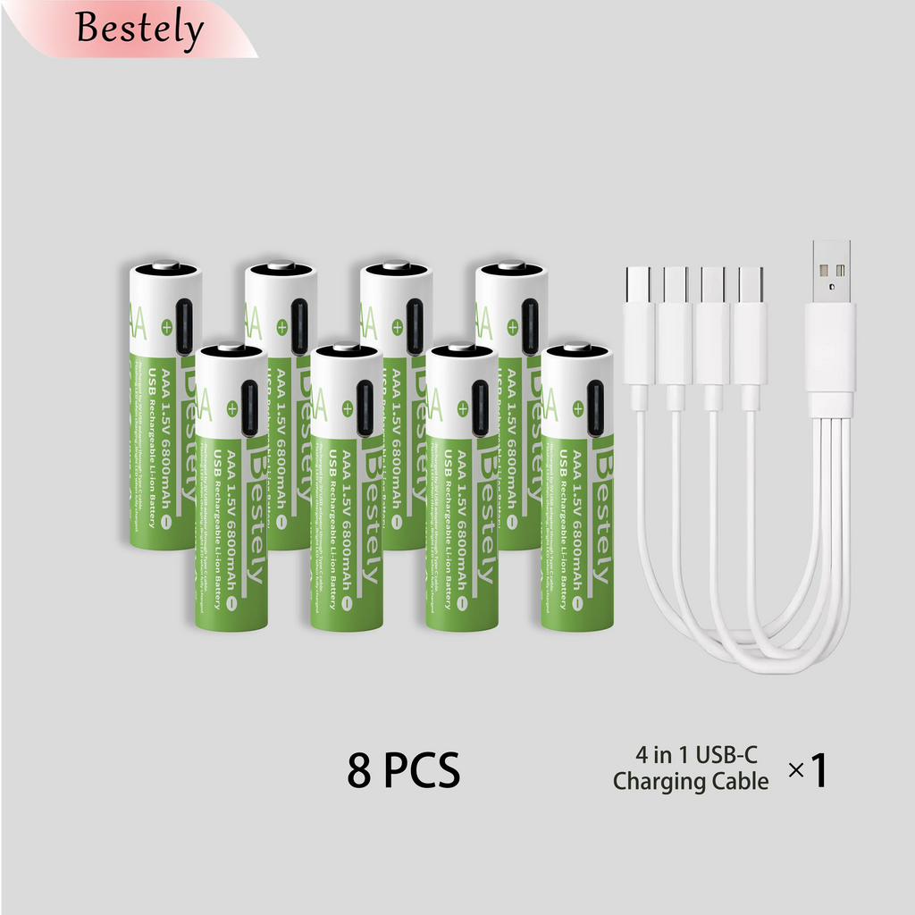 New Rechargeable 1.5v AAA Lithium Batteries 6800mAh Capacity, USB-C AAA Li-ion Battery 2000 times cycle with cable for free Oasis Select 8 pcs AAA Batteries