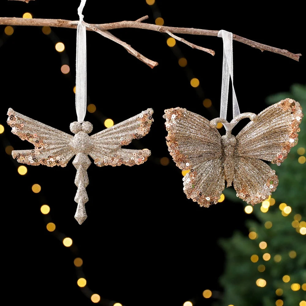Christmas Sequins Ornament Elegant Snowflake Hanging Decor Dragonflies Tree Decoration Lightweight Champagne Gold Ornament Oasis Select