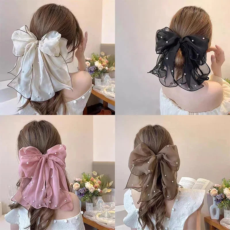 Fashion Ribbon Pearl Bow Hair Clips For Women Elegant Chiffon Bowknot Ponytail Clip Pin Bows Barrette Sweet Headwear Accessories Oasis Select