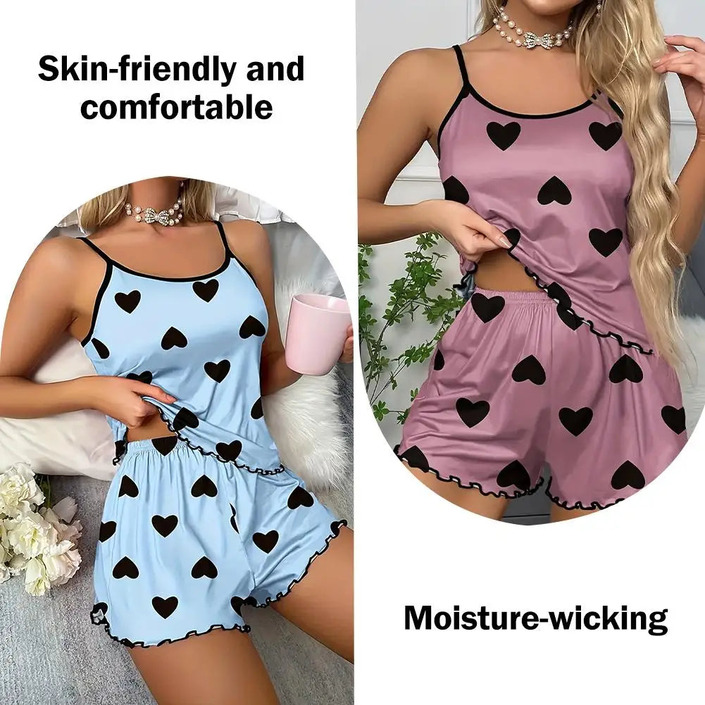Women's Pajama Set Pajamas T-Shirts Shorts Pink Heart-Shaped Print Round Neck T-Shirt Ice Silk Top Comfortable Casual Four Seas Oasis Select