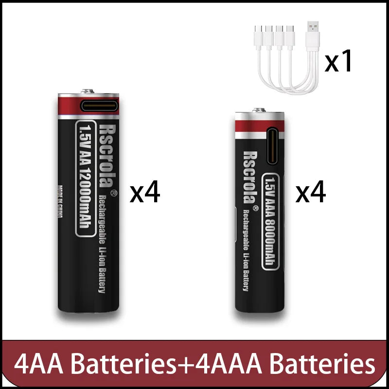 High Capacity 1.5V AA 12000mAh/AAA 8000mAh Rechargeable Lithium Battery Type-C Fast Charging for Remote control RC Mouse Toy Oasis Select 4AA 4AAA 1.5V