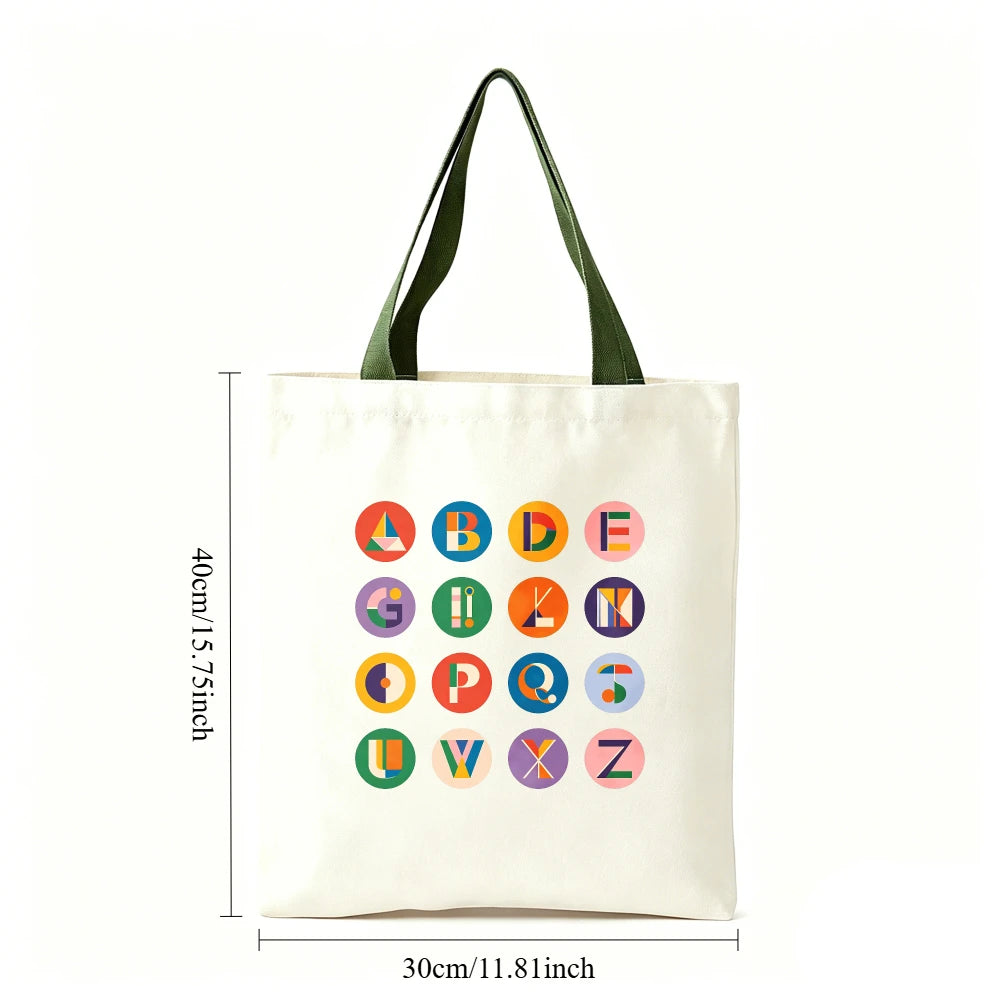 Vibrant Geometric Alphabet Canvas Tote Bag Large Cotton Shoulder Bag Student Travel Shopping Handbag Color Handle Oasis Select