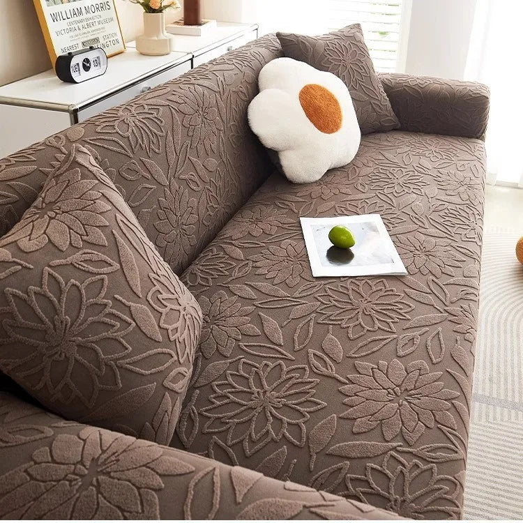 New Jacquard Velvet Elastic Sofa Cover All-season Universal Cat Scratch and Dust-proof Sofa Cover Oasis Select Cream Coffee 5 people 305-360cm