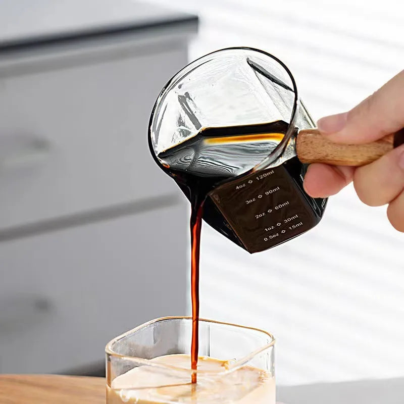120ml Hexagon Wood Handle Glass Espresso Measuring Cup Milk Latte Jug Coffee Supplies Kitchen Mug Drinkware Double Bottom Oasis Select