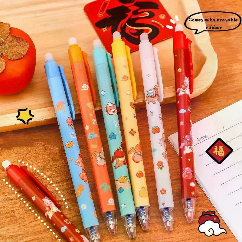 3Pcs Cute Cartoon New Year's Pony Erasable Pen Press Magic Brush Gel Pen Student Stationery Supplies New Year Stationery Gifts Oasis Select