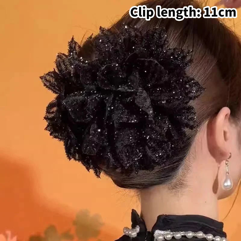 Fashion Black Mesh Flower Hair Clip For Women Shark Ponytail Claw Headdress Temperament Hair Accessories Oasis Select Black 11CM